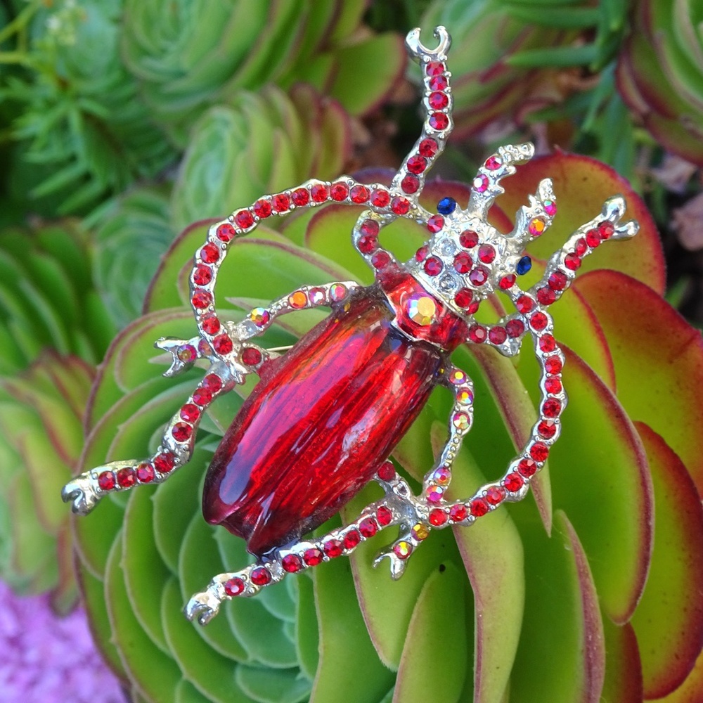 Alilang Enamel Handpainted Ruby Red Bejeweled Beetle Bug Insect Brooch Pin